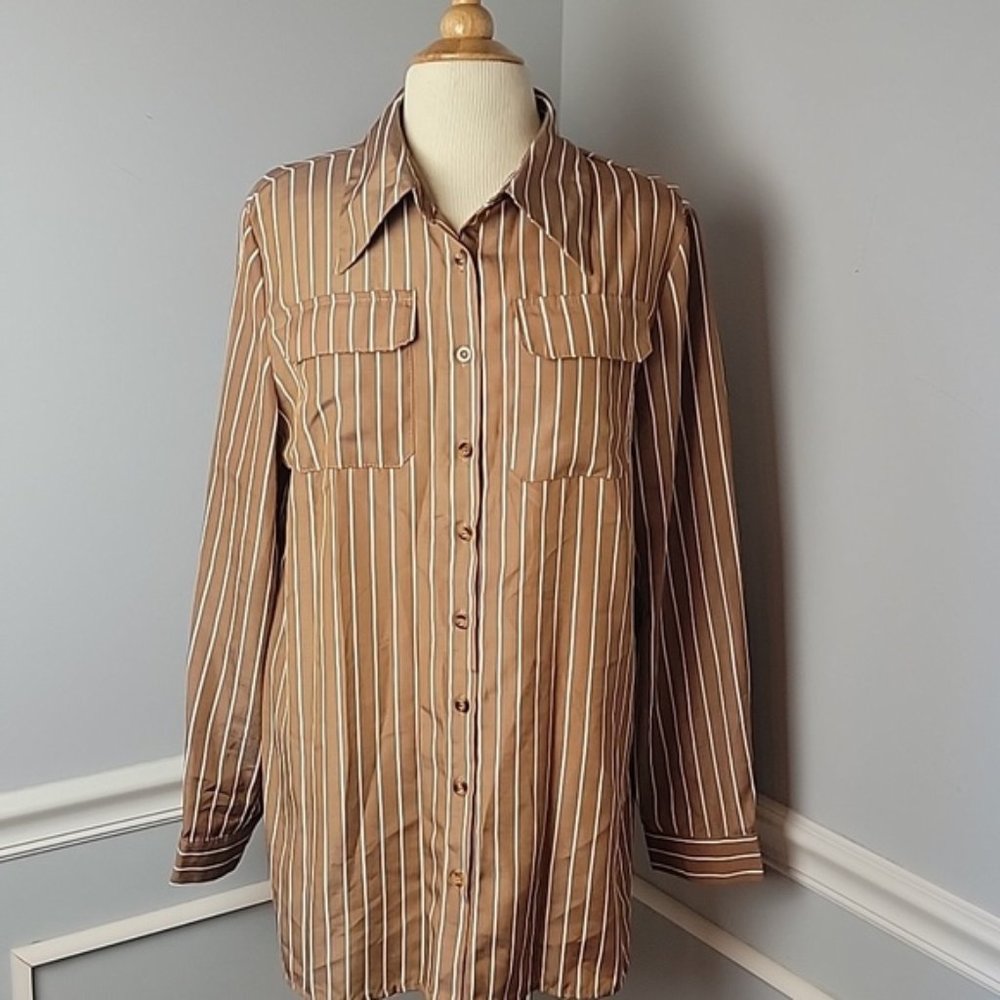 SHEIN Brown White Striped Flap Breast Pocket Button Down Office Tunic Blouse 12